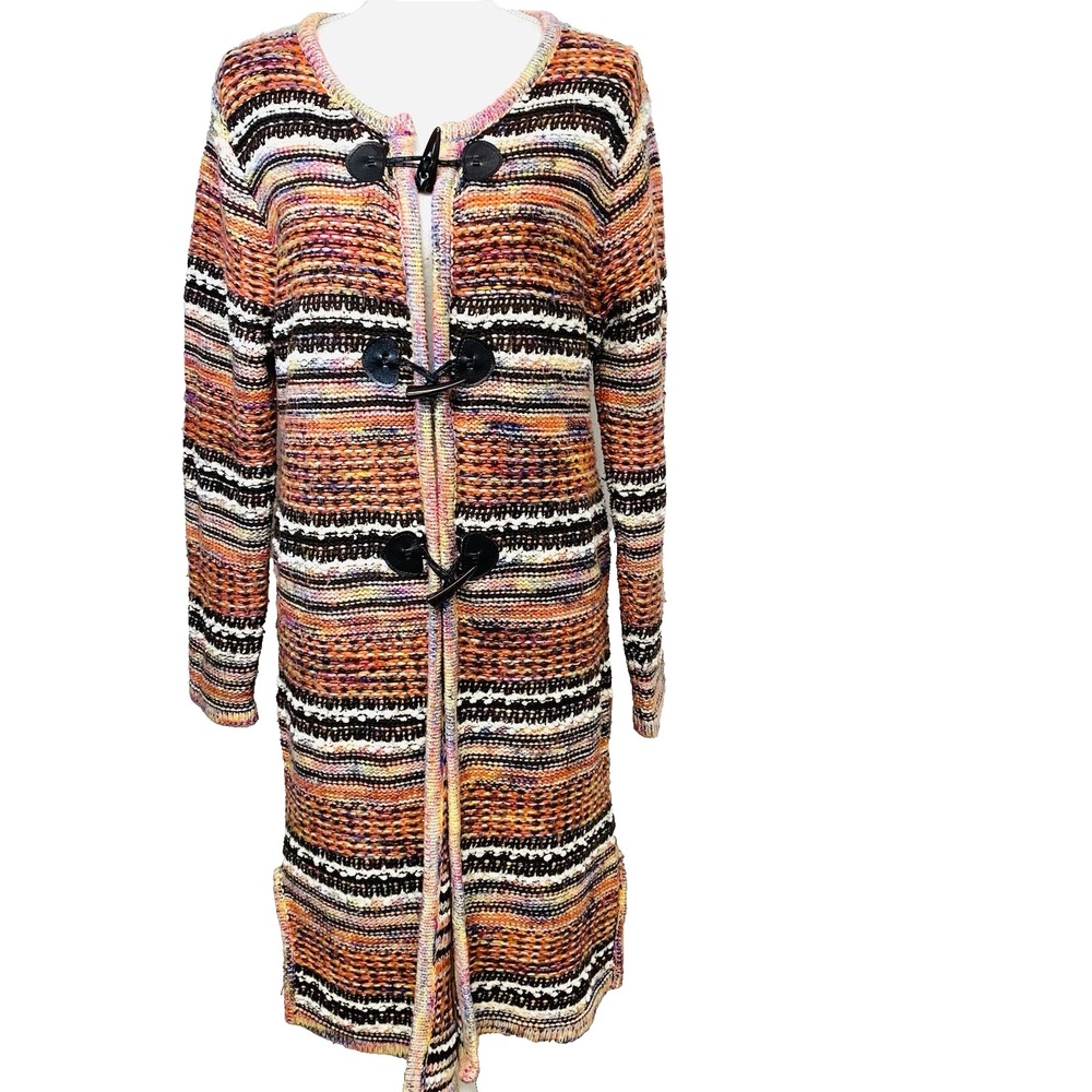 Womans ‎ Long Line Cardigan Colorful Textured Togel Button Western Boho XS/S